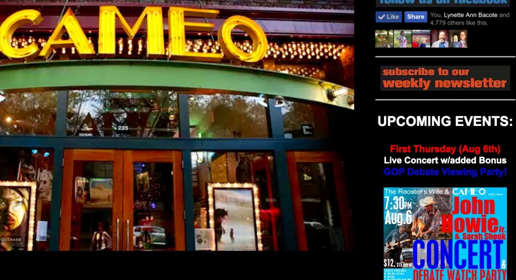 Local art house cinema links social media for live screening of Republican Party primary debate.